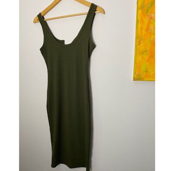 NWT Olive Ribbed Notch Neck Sleeveless Solid Bodycon Dress.Y2K Fitted Tank Dress - Picture 7 of 7
